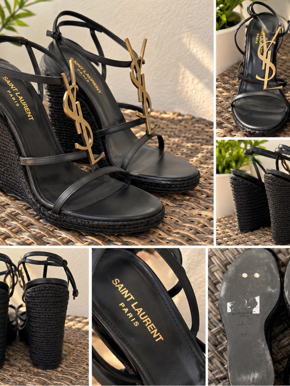 Saint Laurent Black Leather Wedge Sandals with Gold YSL Logo